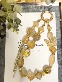 ハンドメイド　ビーズ　ストラップ　バッグチャーム《おまけ付》　クリアブラウン