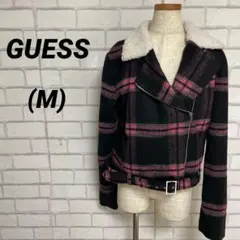 GUESS ゲス　チェック柄　ダブルライダースジャケット　黒　ピンク　ボア　Mのサムネイル
