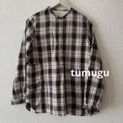 tumugu チェック柄　チュニック　バンドカラー　綿100% 薄地のサムネイル