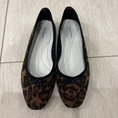 ヒョウ柄フラットシューズ リボン付き