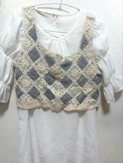 クロシェ編み　レイヤードトップス ホワイト・グレー ブルー