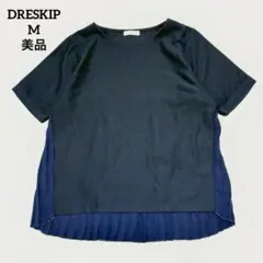美品 DRESKIP プリーツ切替 半袖カットソー ネイビー 異素材 フレア Mのサムネイル
