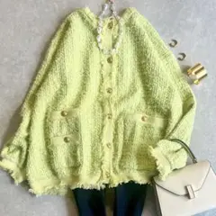 美品 ミラオーウェン ツイードニットジャケット 近年 ライム 金ボタン フリンジ