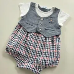 ★60cm familiar ファミリア白×ベスト×チェック 半袖ロンパース