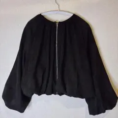 無地 ブルゾン 【M-L】ノーカラー ボリューム袖 黒 ポリエステル ゆったりのサムネイル