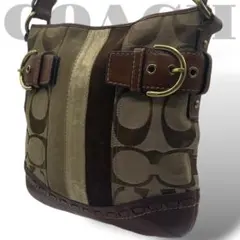 美品　コーチ　ショルダーバッグ　パッチワーク　シグネチャー　レザー　茶　ブラウン