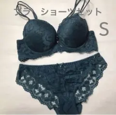 新品　プチプラ　ブラジャー ショーツセット　レース　しっかりカップ　グリーン S