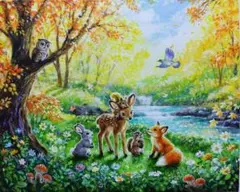 【森の動物達】アクリル画 F3 風景画 絵画