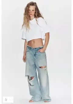 新品 ZARA TRF 折り返しウエスト デニム ライトブルー 34 完売品