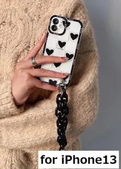 iPhone13 ケース 韓国 チェーン ブラック ハート