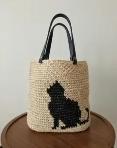 麻ひもバッグ　生成り✕猫柄［おすわり猫・黒猫］