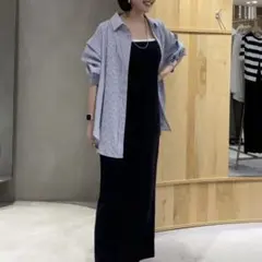 【SHENERY】袖スリットストライプシャツ　ブルー／フリーサイズ