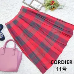 ♥CORDIER♥ロングプリーツスカート(L)赤/グレー/チェック/リネン混合のサムネイル