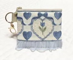 人気　チューリップ柄　インド刺繍ポーチ　水色　ヌビポーチ　ミニポーチ　インド刺繍