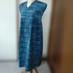 着物リメイク　ワンピース　青のグラデーション模様　ハンドメイド