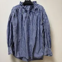美品　スローブイエナ　ストライプ柄　フリルブラウス　ネイビーused
