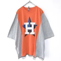 古着リメイクTシャツ　オレンジ×グレー　ゆったり　切り替え　プリント
