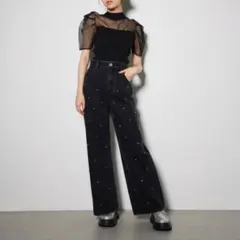 美品 rienda スタッズデザインワイドデニムパンツ ブラック