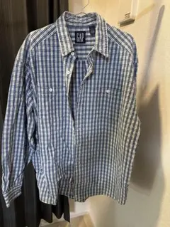 9OsOLDGAP香港製デカロゴフェードチェック ルーズコットンシャツ青XL古着