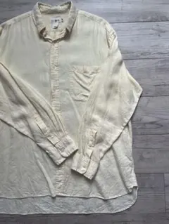 90’s J CREWリネン麻メンズ長袖シャツBDシャツMパステルイエロー