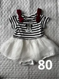 petit main ミニー黒白ストライプロンパース 80