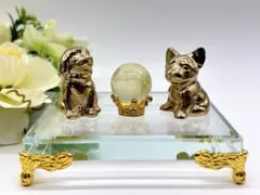 天然石 金運 パイライト 招き猫 左右セット 水晶スフィア ガラス製台座 