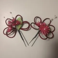 赤い花のかんざし 2個セット 和装 ヘアアクセサリー