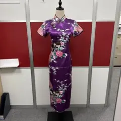 紫 花柄 サテン チャイナドレス
