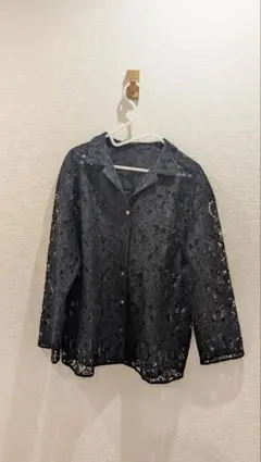 極美品 ノーブル ボタニカルレースオープンカラーシャツ ブラック