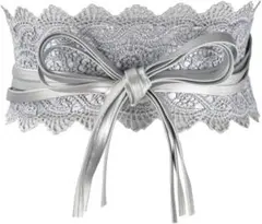 サッシュベルト レースアップ リボン 帯ベルト フェイクレザー シルバー