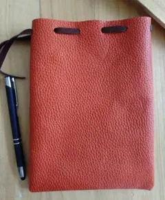 革の巾着袋（大）　オレンジ系ブラウン　シンプルDesign