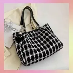 格子柄トートバッグ ブラック 上品 ショルダーバッグ チェック柄 通勤 通学