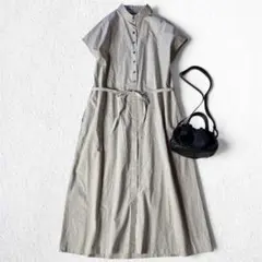 美品 ハンズオブクリエイション フレンチスリーブロングワンピース グレー 洗える