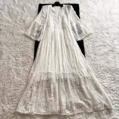 美品✨グレースクラス　レースマキシワンピース　切替　リボンベルト　フレア袖