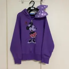ミニーマウスプリント 耳付きパープルパーカー
