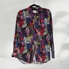 ヴィンテージ 総柄シャツ アート柄 レトロ 一点物 個性派 古着 パープル系