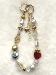 【302】☆ ストラップ　ハート型ビーズ　パール　16mm クリスタル　ベロア