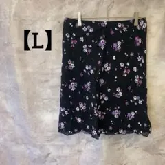 花柄シフォン【L】黒×パープル花柄 セミフレアスカート フラワープリント柄
