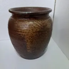 茶道具　備前　種壺　明治 ゴマ垂れ　名入り　竹ヘラ横縞　口広壺のサムネイル