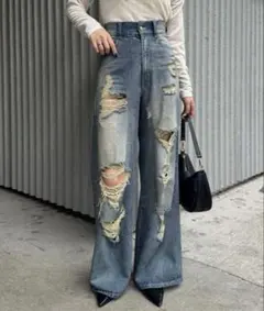 【新品未使用】chico ダメージワイドデニムパンツ ブルー 0