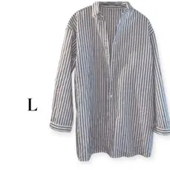 ストライプシャツ【Ｌ】大きめ ゆったり カジュアル シンプル　古着 爽やか