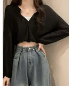 長袖黒トップス可愛い服夏春秋クロップド Vネック カーディガンタンクトップ付き
