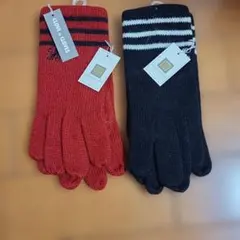 ニット手袋 赤 黒 指分かれデザイン、2点セット