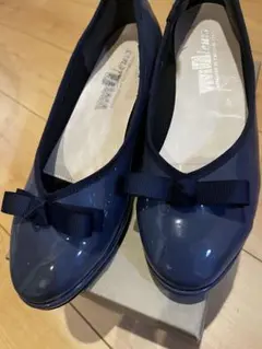 【美品】ネイビー リボン付き ウェッジヒール レインシューズ