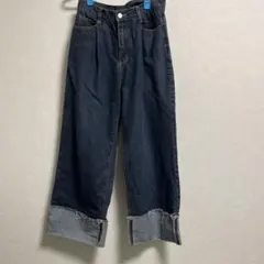 forksy.裾フリンジ ワイドデニムパンツ
