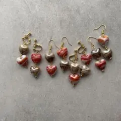 【No.270】コーヒーと苺のぷくぷくハートランプワークビーズイヤリング/ピアス