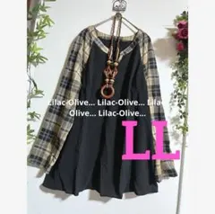 5828新品⭐️LL＊袖チェック柄＊異素材切替３つボタンチュニック大きいサイズ