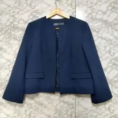 ZARA ザラ ノーカラージャケット スーツ 肩パッド L 羽織 紺 フォーマル