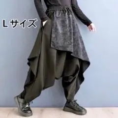 袴パンツ　サルエル　ワイド　メンズ　ズボン　迷彩　レイヤード　黒　アシンメトリー