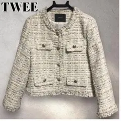 【美品】TWEE ホワイト アイボリー ノーカラーツイードジャケット